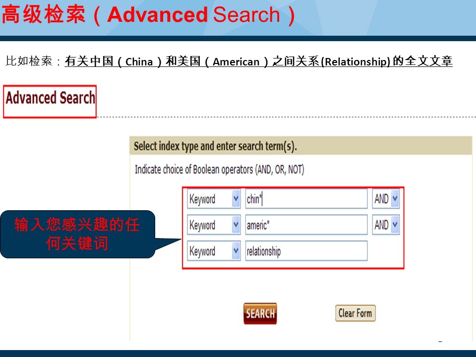 Presentation title (Edit in View > Header and Footer)21 高级检索（ Advanced Search ） 比如检索：有关中国（ China ）和美国（ American ）之间关系 (Relationship) 的全文文章 输入您感兴趣的任 何关键词