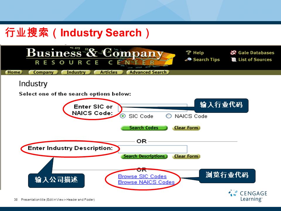 Presentation title (Edit in View > Header and Footer)38 行业搜索（ Industry Search ） 输入行业代码 输入公司描述 浏览行业代码