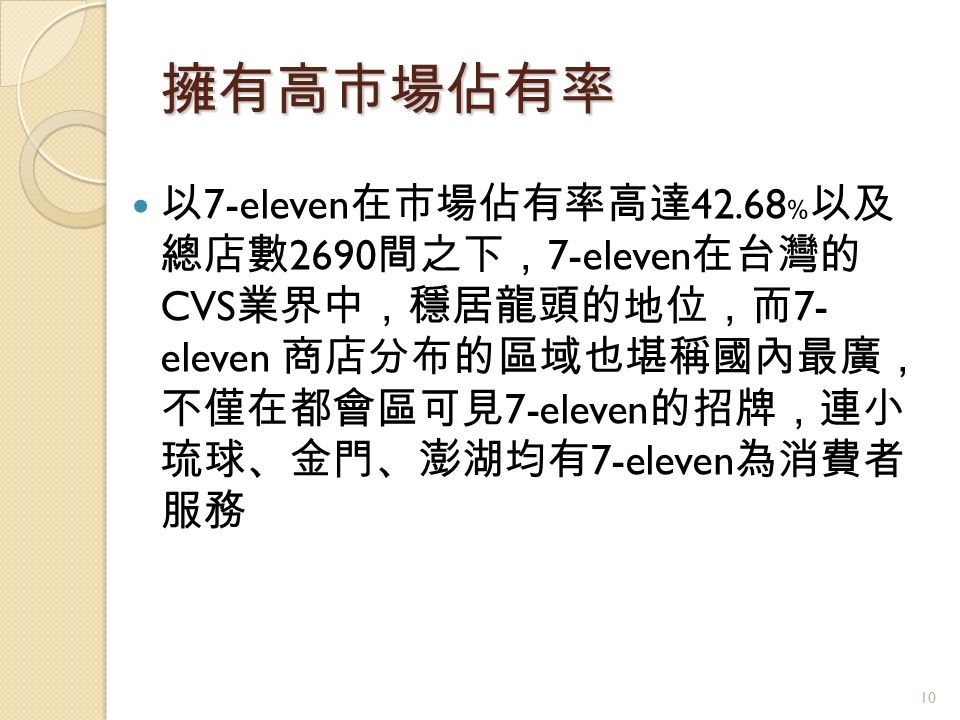 擁有高市場佔有率 以 7-eleven 在市場佔有率高達 ﹪以及 總店數 2690 間之下， 7-eleven 在台灣的 CVS 業界中，穩居龍頭的地位，而 7- eleven 商店分布的區域也堪稱國內最廣， 不僅在都會區可見 7-eleven 的招牌，連小 琉球、金門、澎湖均有 7-eleven 為消費者 服務 10