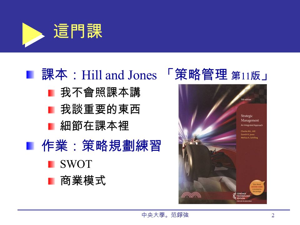 這門課 課本： Hill and Jones 「策略管理 第 11 版 」 我不會照課本講 我談重要的東西 細節在課本裡 作業：策略規劃練習 SWOT 商業模式 中央大學。范錚強 2