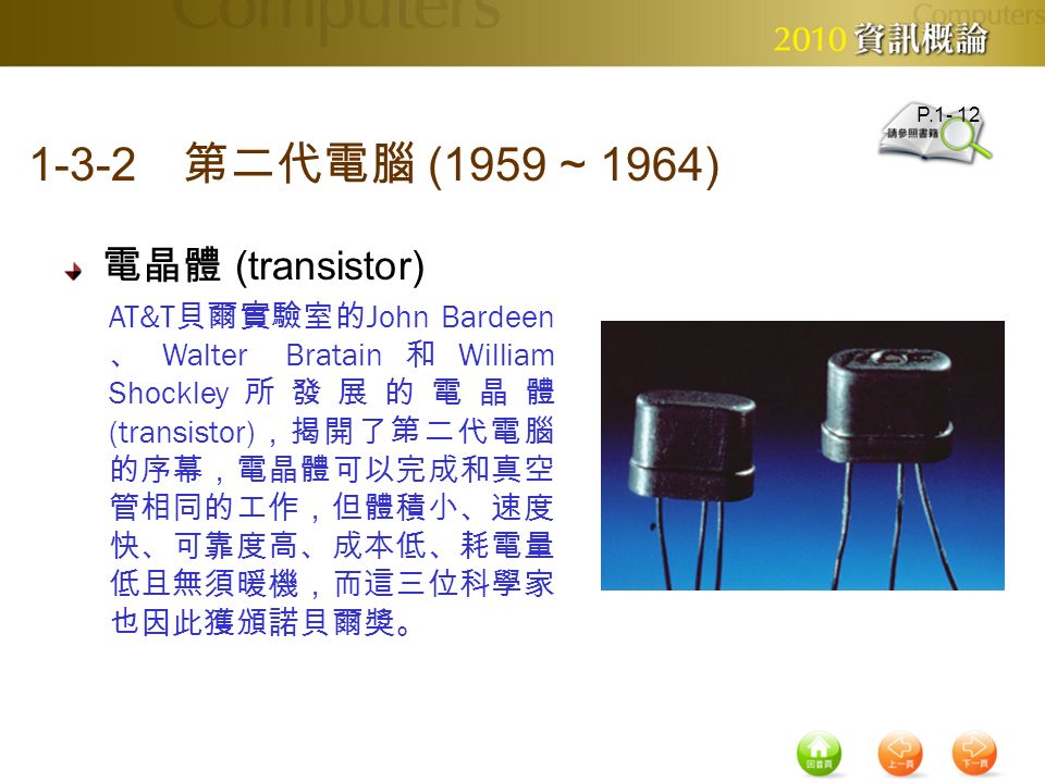 1-3-2 第二代電腦 (1959 ~ 1964) 電晶體 (transistor) AT&T 貝爾實驗室的 John Bardeen 、 Walter Bratain 和 William Shockley 所發展的電晶體 (transistor) ，揭開了第二代電腦 的序幕，電晶體可以完成和真空 管相同的工作，但體積小、速度 快、可靠度高、成本低、耗電量 低且無須暖機，而這三位科學家 也因此獲頒諾貝爾獎。 P.1- 12
