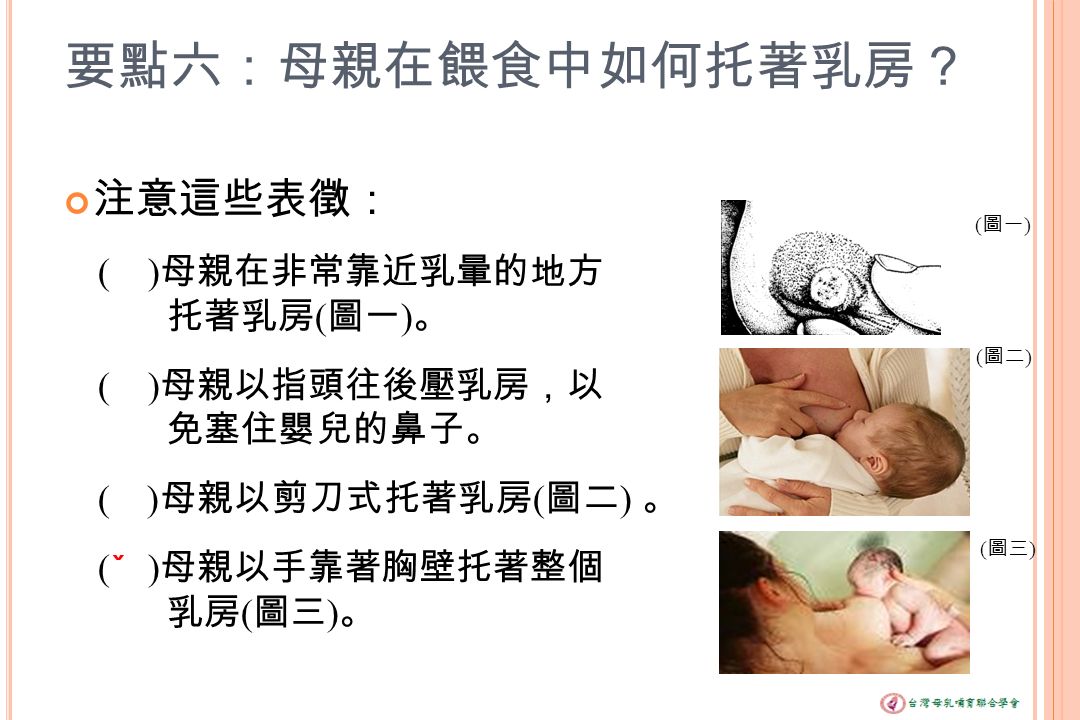 要點六：母親在餵食中如何托著乳房？ 注意這些表徵： ( ) 母親在非常靠近乳暈的地方 托著乳房 ( 圖一 ) 。 ( ) 母親以指頭往後壓乳房，以 免塞住嬰兒的鼻子。 ( ) 母親以剪刀式托著乳房 ( 圖二 ) 。 ( ) 母親以手靠著胸壁托著整個 乳房 ( 圖三 ) 。 ( 圖一 ) ( 圖三 ) ( 圖二 ) ˇ