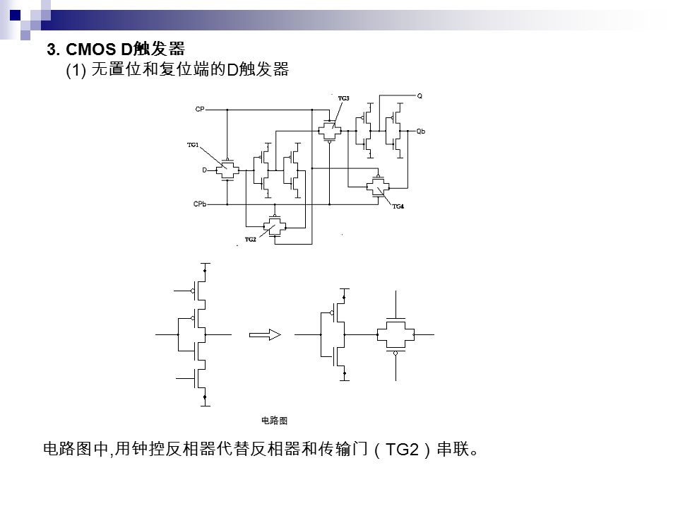 3. CMOS D 触发器 (1) 无置位和复位端的 D 触发器 电路图 电路图中, 用钟控反相器代替反相器和传输门（ TG2 ）串联。