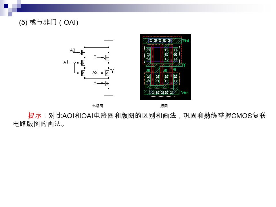 (5) 或与非门（ OAI) 电路图 版图 提示：对比 AOI 和 OAI 电路图和版图的区别和画法，巩固和熟练掌握 CMOS 复联 电路版图的画法。