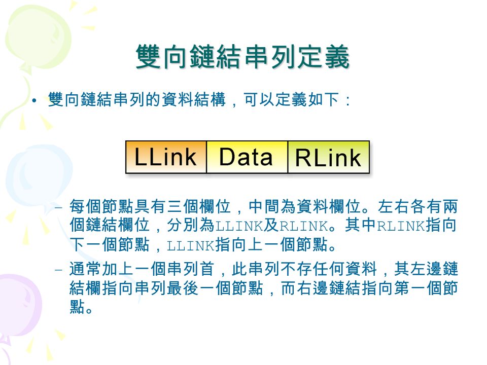 雙向鏈結串列定義 雙向鏈結串列的資料結構，可以定義如下： – 每個節點具有三個欄位，中間為資料欄位。左右各有兩 個鏈結欄位，分別為 LLINK 及 RLINK 。其中 RLINK 指向 下一個節點， LLINK 指向上一個節點。 – 通常加上一個串列首，此串列不存任何資料，其左邊鏈 結欄指向串列最後一個節點，而右邊鏈結指向第一個節 點。