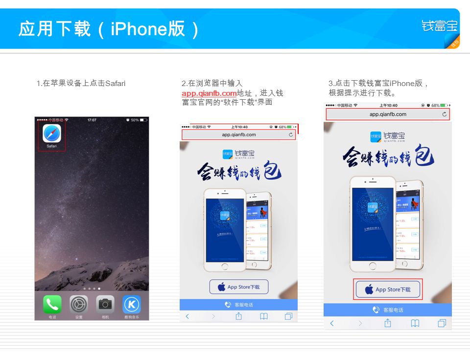 应用下载（ iPhone 版） 1. 在苹果设备上点击 Safari2. 在浏览器中输入 app.qianfb.com 地址，进入钱 富宝官网的 软件下载 界面 3.
