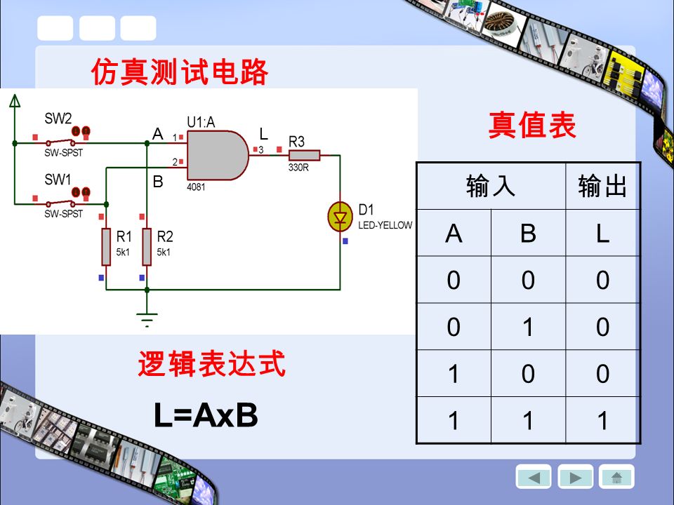 输入输出 ABL A B L 仿真测试电路 真值表 逻辑表达式 L=AxB