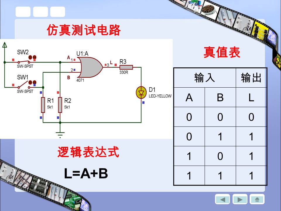 输入输出 ABL 仿真测试电路 真值表 逻辑表达式 L=A+B