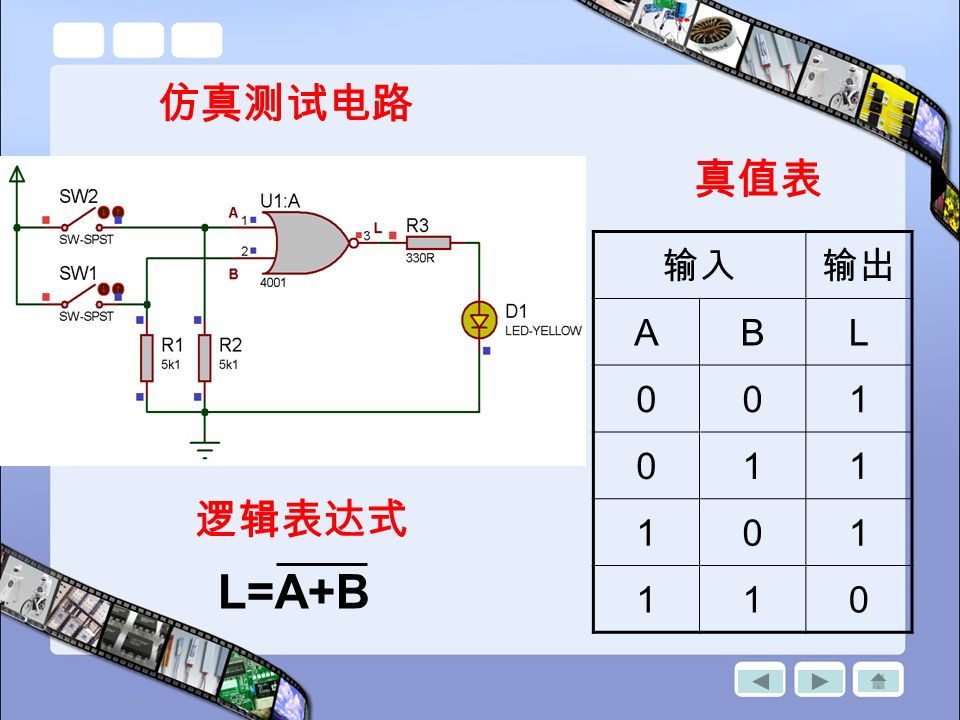 输入输出 ABL 仿真测试电路 真值表 逻辑表达式 L=A+B