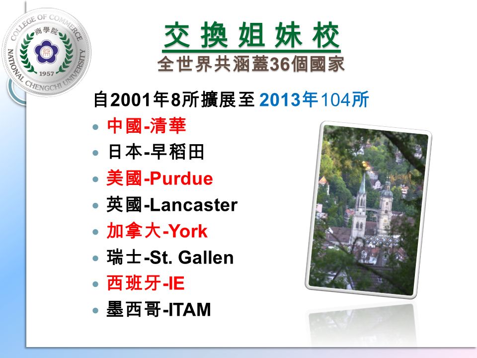 交 換 姐 妹 校 全世界共涵蓋 36 個國家 自 2001 年 8 所擴展至 2013 年 104 所 中國 - 清華 日本 - 早稻田 美國 -Purdue 英國 -Lancaster 加拿大 -York 瑞士 -St.