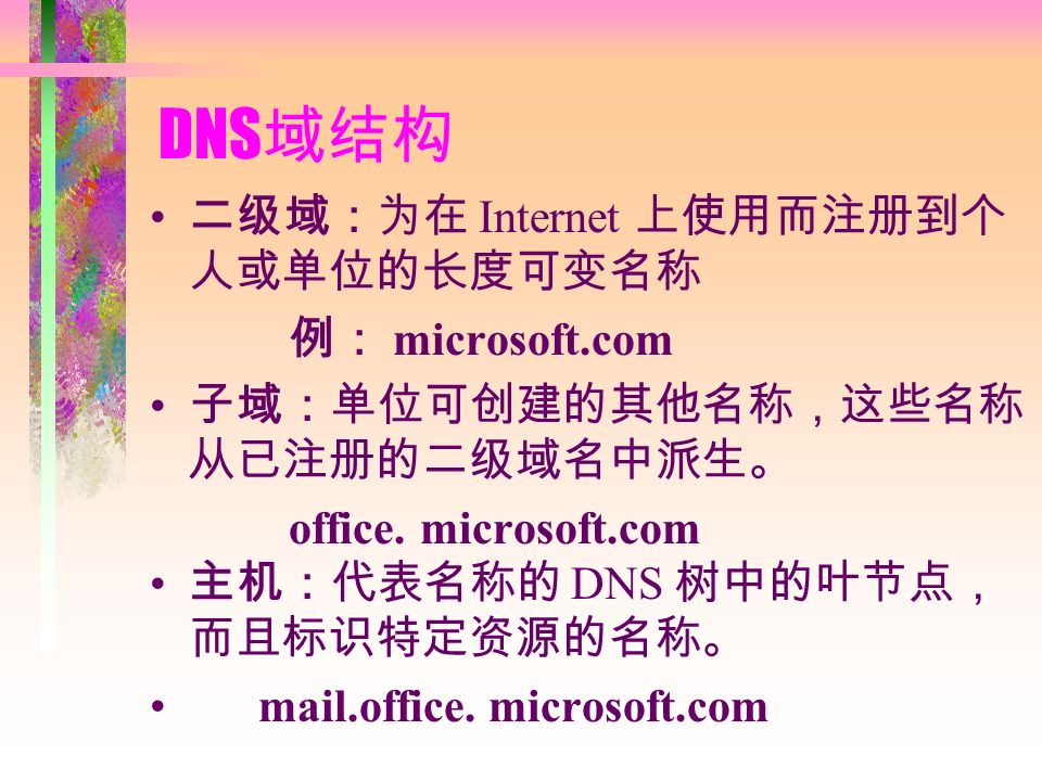 DNS 域结构 二级域：为在 Internet 上使用而注册到个 人或单位的长度可变名称 例： microsoft.com 子域：单位可创建的其他名称，这些名称 从已注册的二级域名中派生。 office.