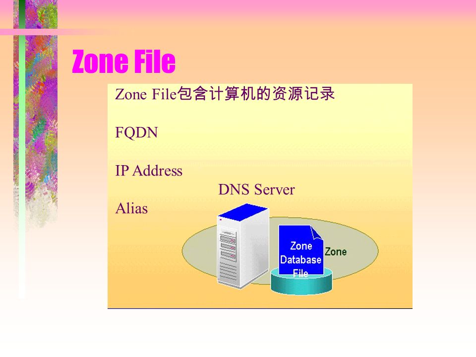 Zone File Zone File 包含计算机的资源记录 FQDN IP Address Alias DNS Server