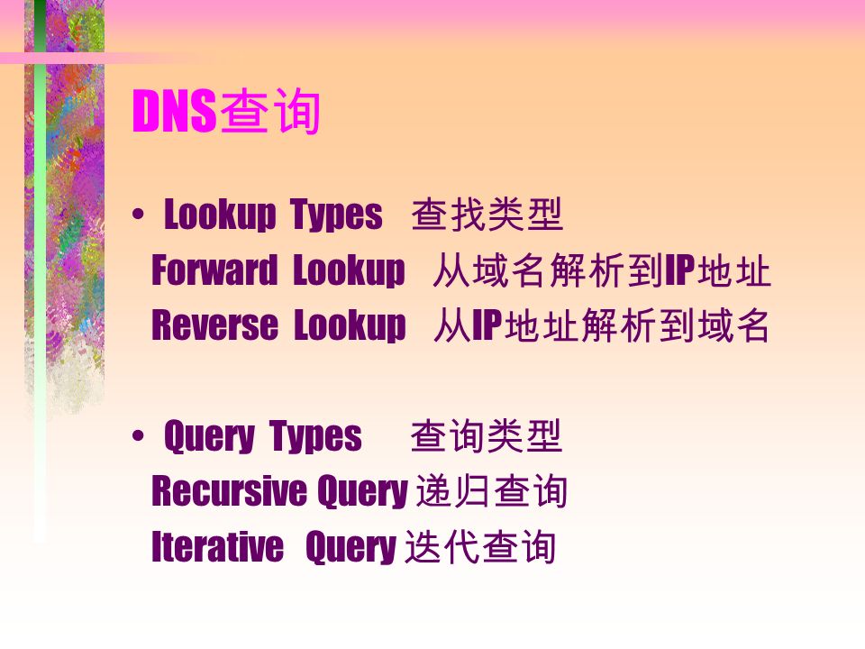 DNS 查询 Lookup Types 查找类型 Forward Lookup 从域名解析到 IP 地址 Reverse Lookup 从 IP 地址解析到域名 Query Types 查询类型 Recursive Query 递归查询 Iterative Query 迭代查询