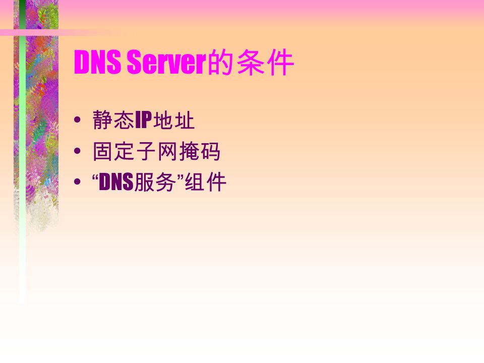 DNS Server 的条件 静态 IP 地址 固定子网掩码 DNS 服务 组件