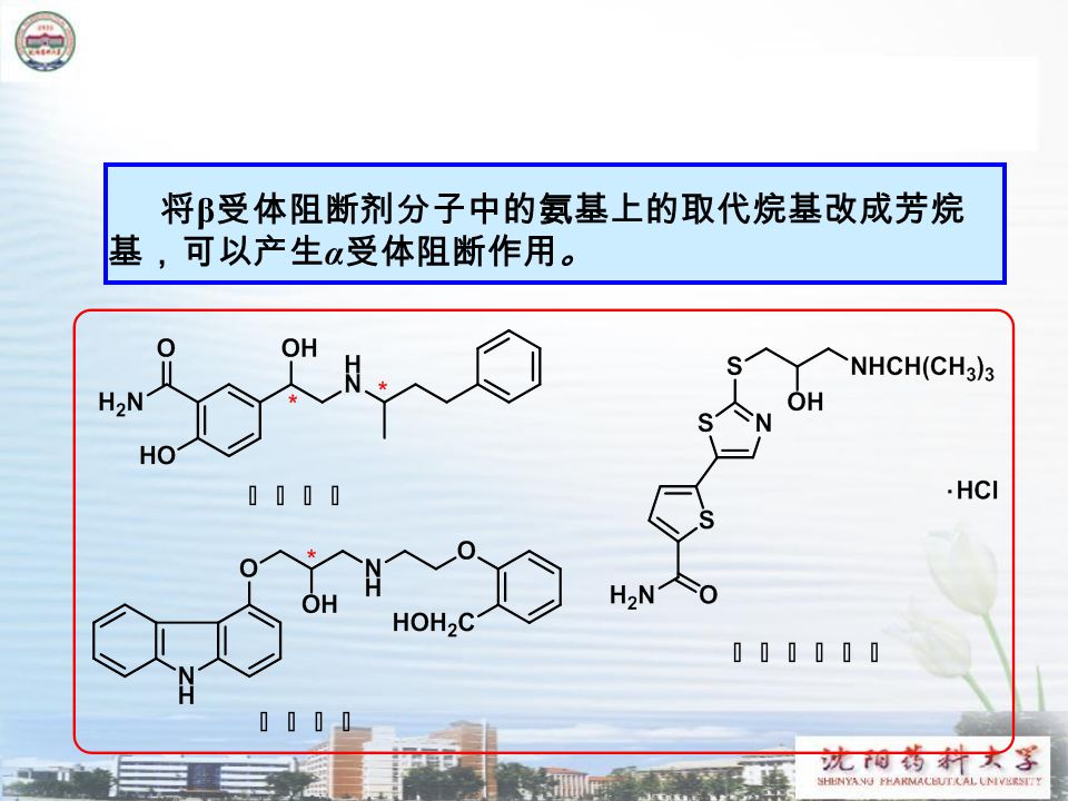 将 β 受体阻断剂分子中的氨基上的取代烷基改成芳烷 基，可以产生 α 受体阻断作用。
