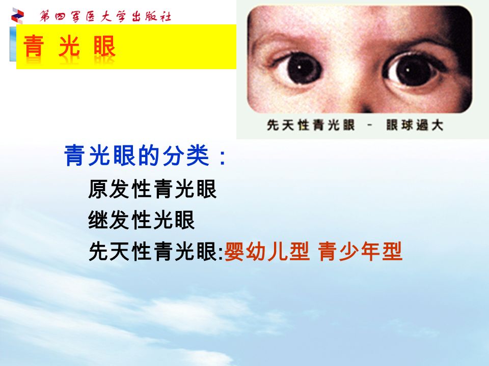 青光眼的分类： 原发性青光眼 继发性光眼 先天性青光眼 : 婴幼儿型 青少年型