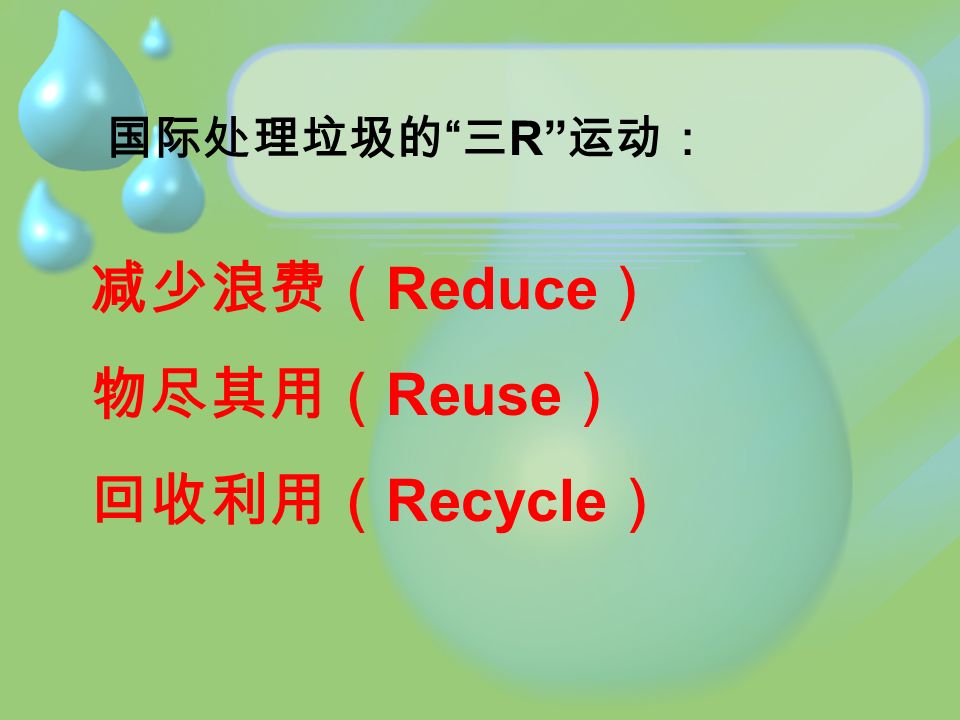 国际处理垃圾的 三 R 运动： 减少浪费（ Reduce ） 物尽其用（ Reuse ） 回收利用（ Recycle ）