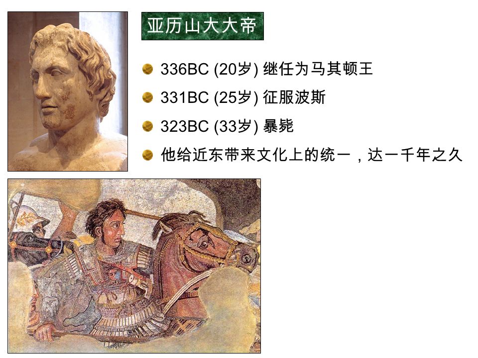336BC (20 岁 ) 继任为马其顿王 331BC (25 岁 ) 征服波斯 323BC (33 岁 ) 暴毙 他给近东带来文化上的统一，达一千年之久 亚历山大大帝