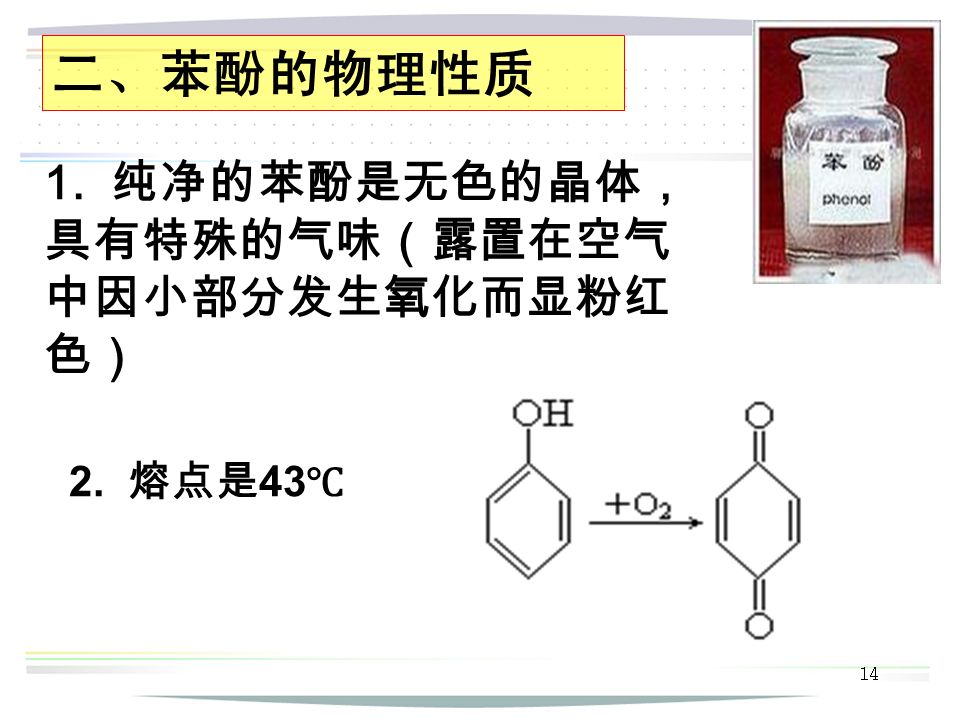 14 二、苯酚的物理性质 1. 纯净的苯酚是无色的晶体， 具有特殊的气味（露置在空气 中因小部分发生氧化而显粉红 色） 2. 熔点是 43 ℃