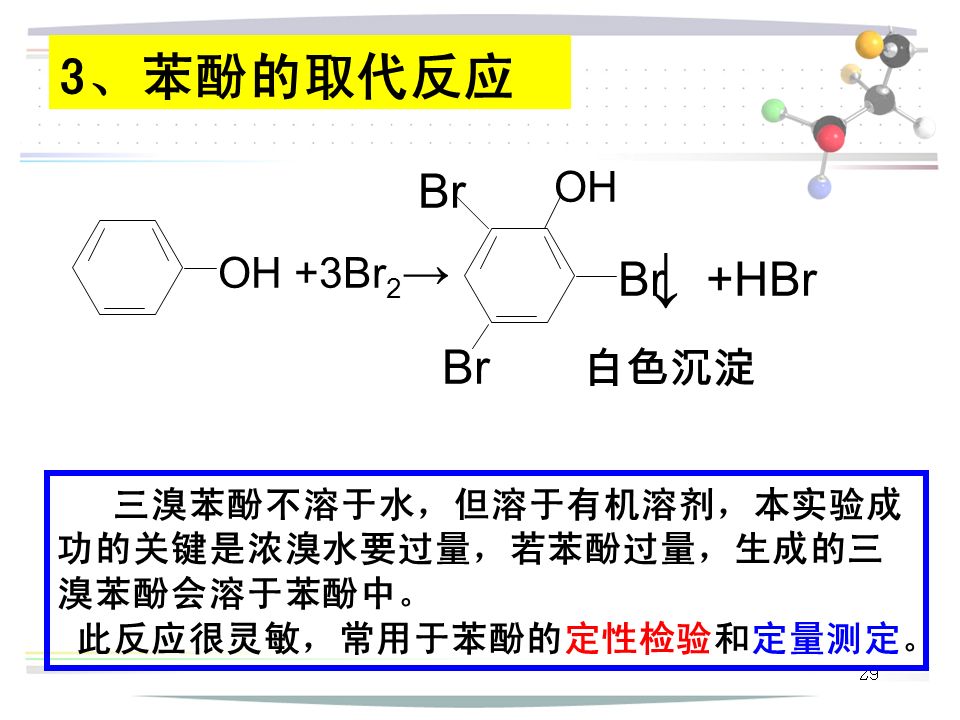 29 3、苯酚的取代反应 OH +3Br 2 → OH Br ↓ +HBr 白色沉淀 三溴苯酚不溶于水，但溶于有机溶剂，本实验成 功的关键是浓溴水要过量，若苯酚过量，生成的三 溴苯酚会溶于苯酚中。 此反应很灵敏，常用于苯酚的定性检验和定量测定。