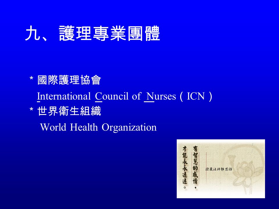 九、護理專業團體 ＊國際護理協會 International Council of Nurses （ ICN ） ＊世界衛生組織 World Health Organization