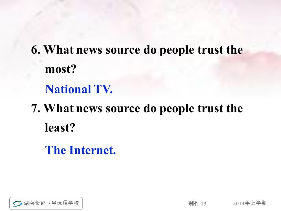 2014 年上学期 湖南长郡卫星远程学校 制作 What news source do people trust the most.