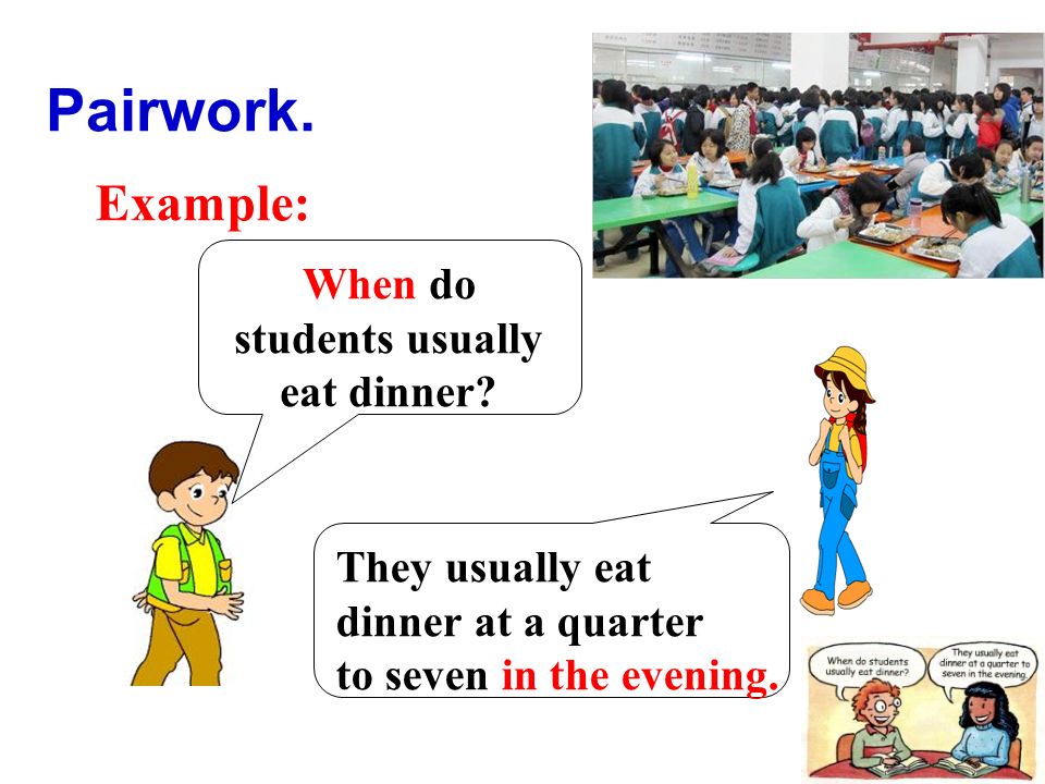 Pairwork. Example: When do students usually eat dinner.