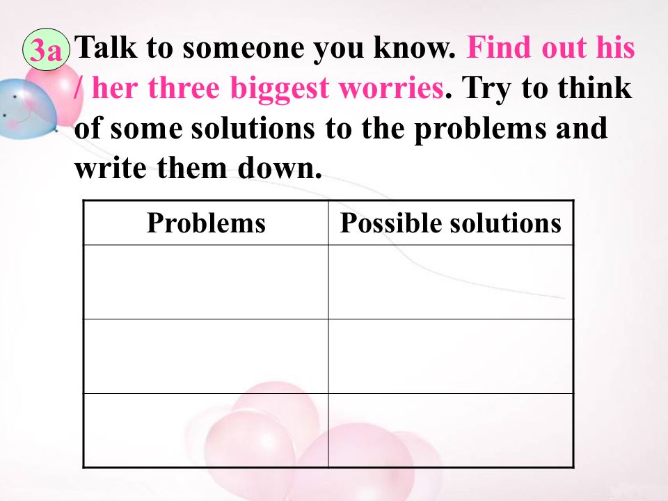 3a Talk to someone you know. Find out his / her three biggest worries.