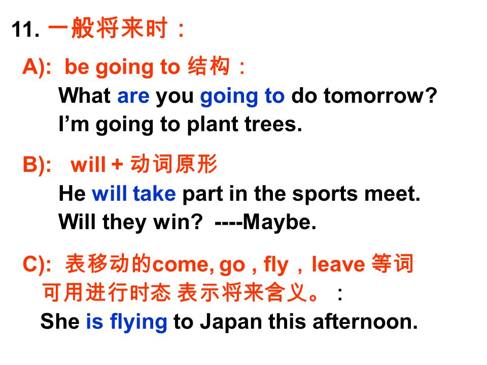 11. 一般将来时： A): be going to 结构： What are you going to do tomorrow.
