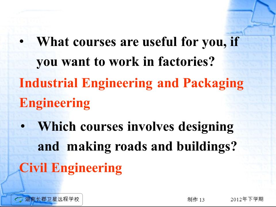2012 年下学期 湖南长郡卫星远程学校 制作 13 What courses are useful for you, if you want to work in factories.