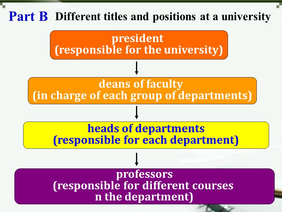 Part B Different titles and positions at a university president (responsible for the university) deans of faculty (in charge of each group of departments) heads of departments (responsible for each department) professors (responsible for different courses n the department)