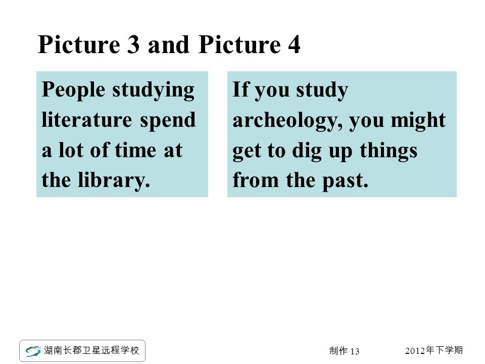 2012 年下学期 湖南长郡卫星远程学校 制作 13 Picture 3 and Picture 4 People studying literature spend a lot of time at the library.