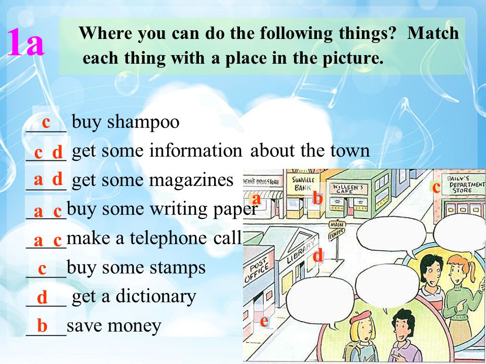 Where you can do the following things. Match each thing with a place in the picture.