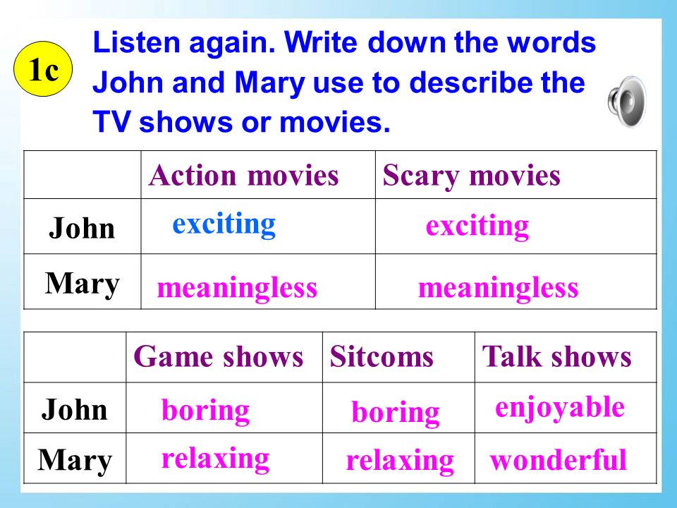 Game showsSitcomsTalk shows John Mary Action moviesScary movies John exciting Mary 1c Listen again.