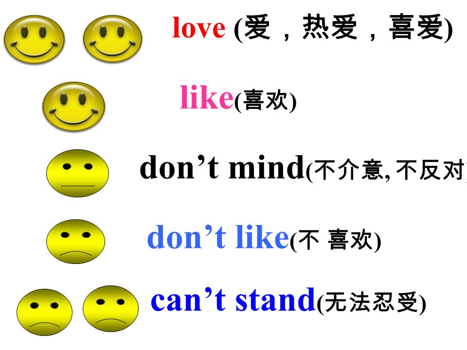 don’t mind ( 不介意, 不反对 ) can’t stand ( 无法忍受 ) don’t like ( 不 喜欢 ) like ( 喜欢 ) love ( 爱，热爱，喜爱 )