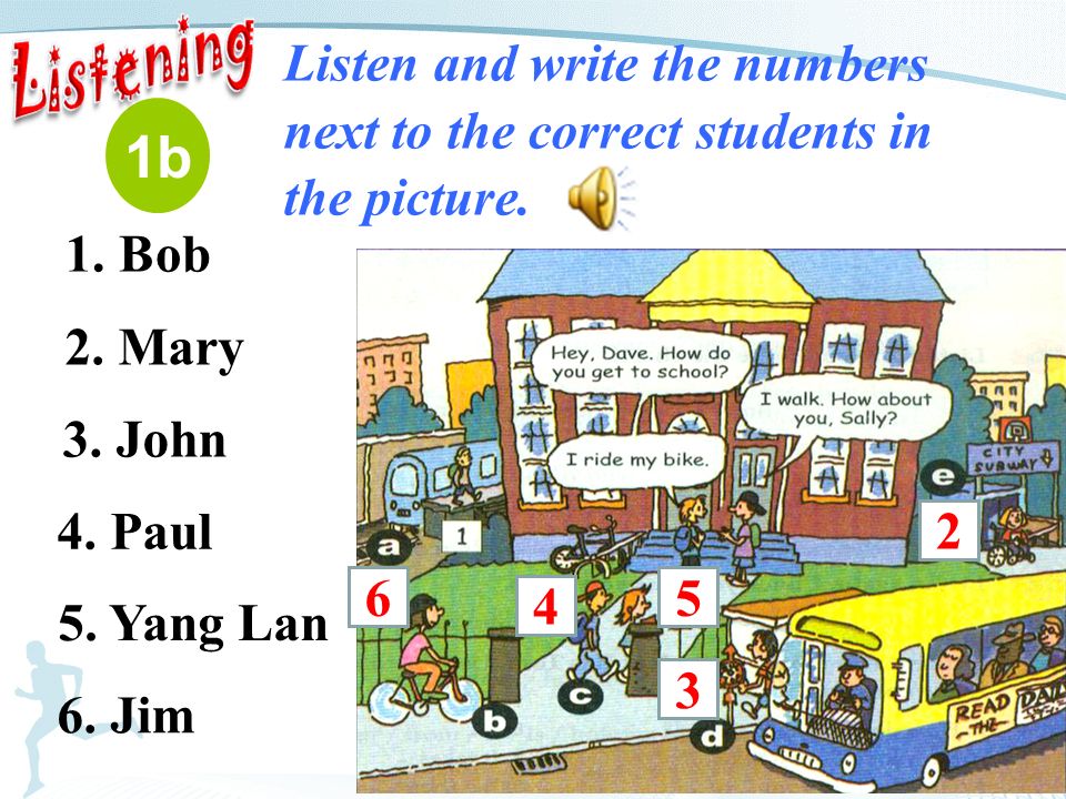 1b Listen and write the numbers next to the correct students in the picture.