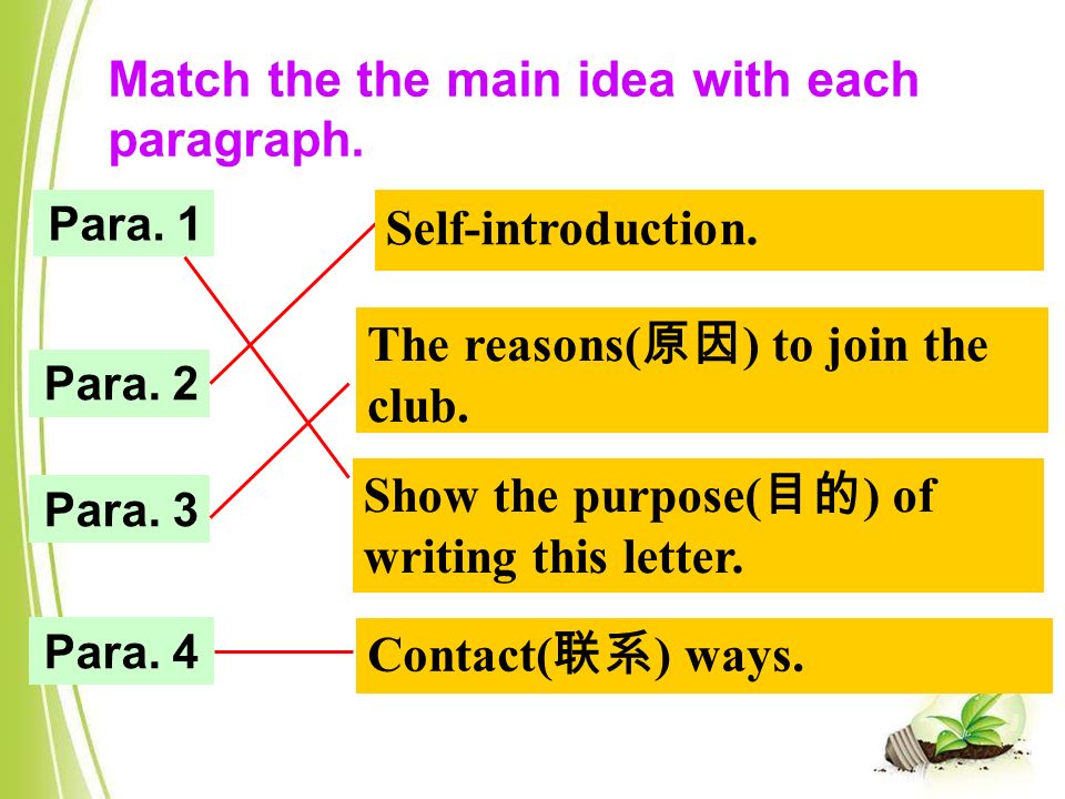 Match the the main idea with each paragraph. Show the purpose( 目的 ) of writing this letter.