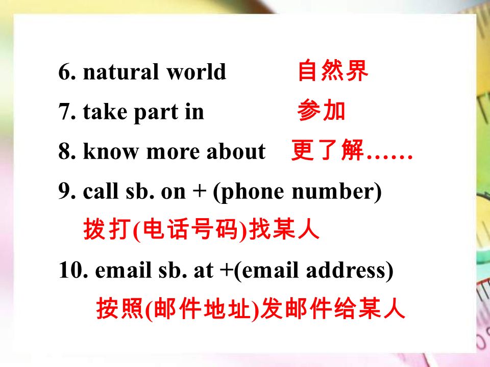 6. natural world 自然界 7. take part in 参加 8. know more about 更了解 …… 9.